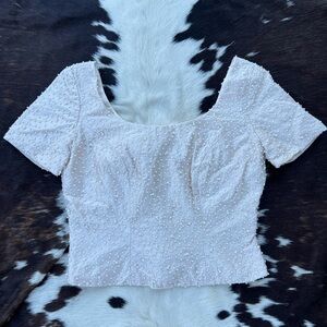 Vintage Watters & Watters Chic Cream Beaded Silk Women's Cropped Formal Blouse